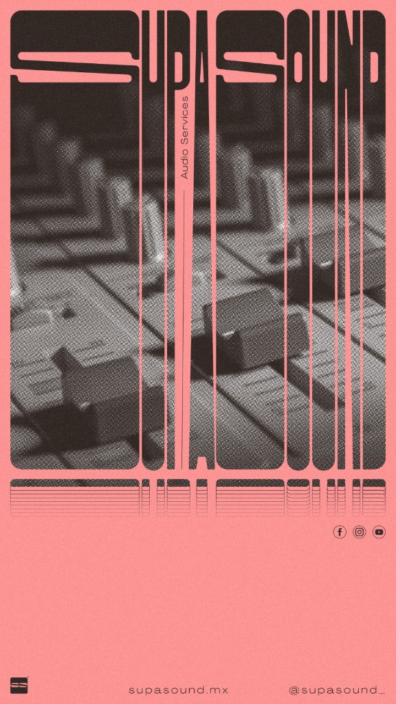 Cartel original de SUPASOUND con el logo alargado y una fotografía del equipo de sonido en semitono